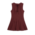 Elegant French Style Burgundy Sleeveless V Neck Mini Dress With Bow Tie Front And Fishtail Hem Polyester Bodycon Party Dress For Women