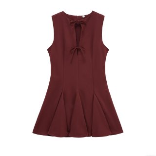 Elegant French Style Burgundy Sleeveless V Neck Mini Dress With Bow Tie Front And Fishtail Hem Polyester Bodycon Party Dress For Women