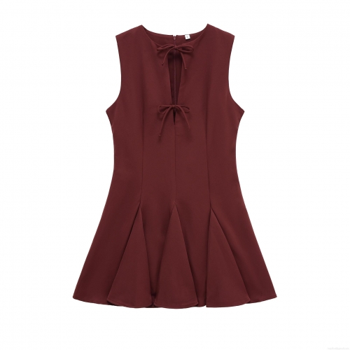 Elegant French Style Burgundy Sleeveless V Neck Mini Dress With Bow Tie Front And Fishtail Hem Polyester Bodycon Party Dress For Women