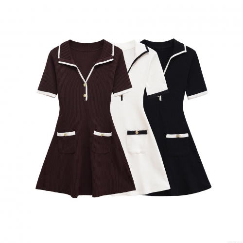 Elegant Women's V-Neck Knitted Dress Ribbed Contrast Trim Short Sleeve Mini Dress With Decorative Gold Buttons Preppy French Style Casual Party Dress