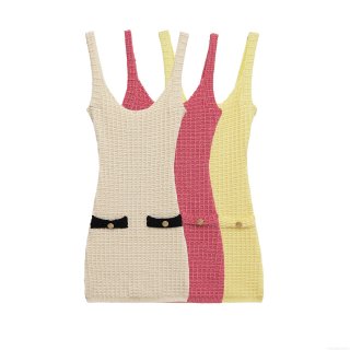 Women's Waffle Knit Sleeveless Mini Dress Elegant Contrast Trim Gold Button Knitted Sheath Dress For Vacation Summer Party Women