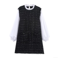 Elegant Black And White Contrast Tweed Mini Dress With Ruffle Neck Long Sleeve Puff Sleeves Button Details Lady Style Party Evening Dress For Women