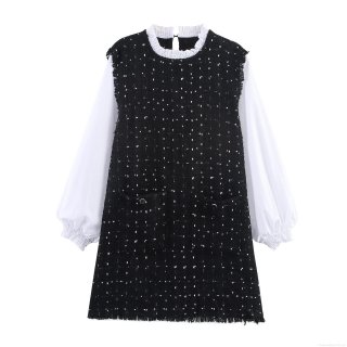 Elegant Black And White Contrast Tweed Mini Dress With Ruffle Neck Long Sleeve Puff Sleeves Button Details Lady Style Party Evening Dress For Women