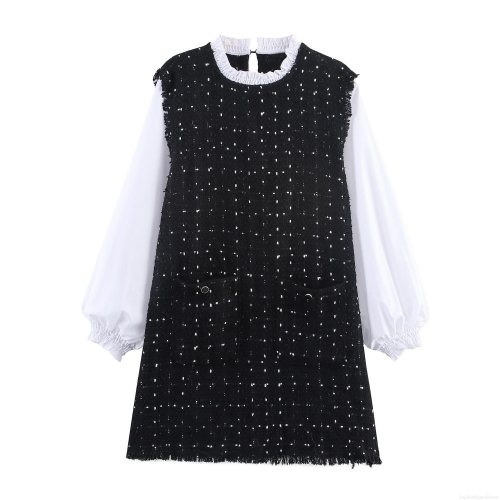 Elegant Black And White Contrast Tweed Mini Dress With Ruffle Neck Long Sleeve Puff Sleeves Button Details Lady Style Party Evening Dress For Women