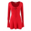 Women French Scalloped Edge Knit Mini Dress Sexy Tie-Front Hollow Out Long Sleeve Ribbed Sweater Dress Bodycon Party Clubwear Elegant Ladies Fall Spring Polyester Knitwear