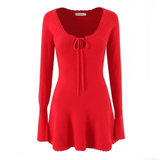 Women French Scalloped Edge Knit Mini Dress Sexy Tie-Front Hollow Out Long Sleeve Ribbed Sweater Dress Bodycon Party Clubwear Elegant Ladies Fall Spring Polyester Knitwear