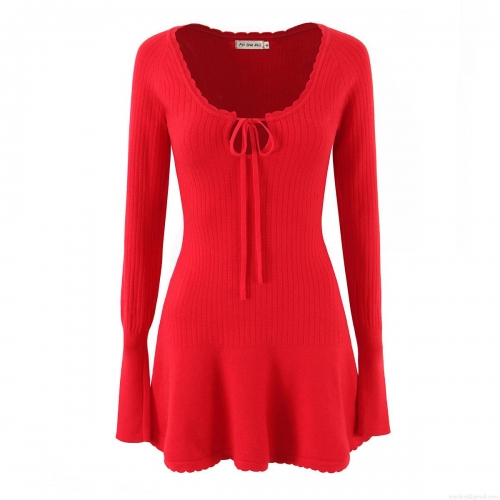 Women French Scalloped Edge Knit Mini Dress Sexy Tie-Front Hollow Out Long Sleeve Ribbed Sweater Dress Bodycon Party Clubwear Elegant Ladies Fall Spring Polyester Knitwear