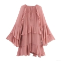 Women's Pink Crinkled Chiffon Ruffle Dress Elegant French Style Tie-Neck Long Flare Sleeve Layered Mini Dress For Party Dating Summer Ladies Dress