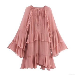 Women's Pink Crinkled Chiffon Ruffle Dress Elegant French Style Tie-Neck Long Flare Sleeve Layered Mini Dress For Party Dating Summer Ladies Dress