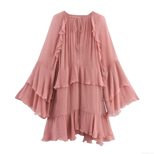 Women's Pink Crinkled Chiffon Ruffle Dress Elegant French Style Tie-Neck Long Flare Sleeve Layered Mini Dress For Party Dating Summer Ladies Dress