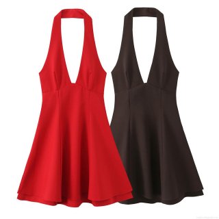 Women's Sexy Deep V Neck Halter Mini Dress Sleeveless A-Line Backless Short Dress For Summer Vacation Elegant Solid Color Polyester Sundress