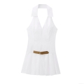 Women Halter Pleated Mini Dress With Brown Belt Backless V-Neck TC Cotton Blend Sleeveless Short Dress For Party Vacation Sexy Elegant Summer Dress