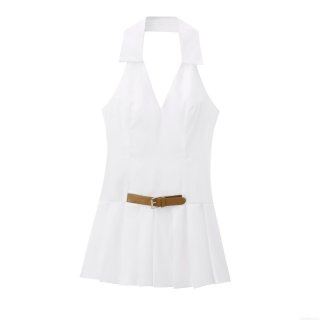 Women Halter Pleated Mini Dress With Brown Belt Backless V-Neck TC Cotton Blend Sleeveless Short Dress For Party Vacation Sexy Elegant Summer Dress