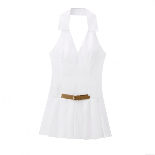 Women Halter Pleated Mini Dress With Brown Belt Backless V-Neck TC Cotton Blend Sleeveless Short Dress For Party Vacation Sexy Elegant Summer Dress