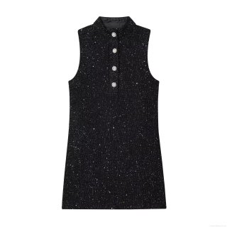 Elegant Sleeveless Bodycon Mini Dress Sequin Tweed Texture Rhinestone Buttons High Neck Party Evening Cocktail For Women Slim Fit Back Zipper