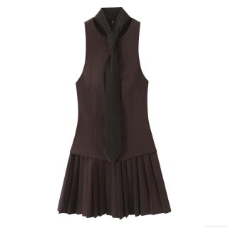 Women's Preppy Style Halter Pleated Mini Dress With Striped Tie Polyester Sleeveless Back Zipper A-Line Dress For School Party Daily Wear