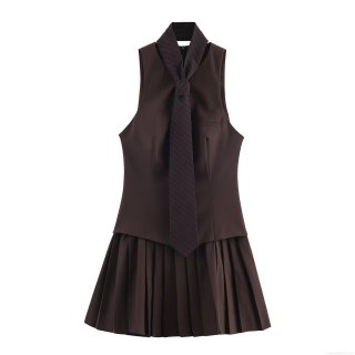 Women's Sleeveless A-Line Mini Dress With Striped Tie Preppy Style Waist Cinching Coffee Polyester Short Dress For Summer School Party