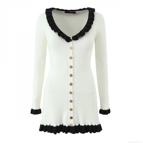 Women's Elegant Knitted Bodycon Mini Dress Contrast Ruffle Trim Long Sleeve Hepburn Style Dress With Gold Buttons Chic French Party Dress