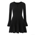 Elegant Women's Ribbed Knit Mini Dress With Flare Sleeves Hollow Out Round Neck Pleated Skirt French Style Slim Fit Polyester Long Sleeve Dress For Daily Party