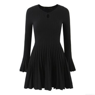 Elegant Women's Ribbed Knit Mini Dress With Flare Sleeves Hollow Out Round Neck Pleated Skirt French Style Slim Fit Polyester Long Sleeve Dress For Daily Party