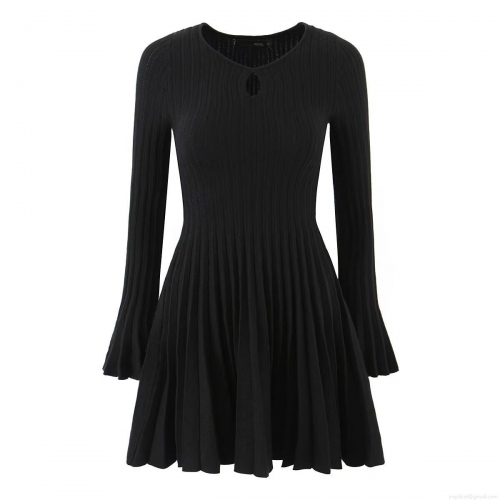 Elegant Women's Ribbed Knit Mini Dress With Flare Sleeves Hollow Out Round Neck Pleated Skirt French Style Slim Fit Polyester Long Sleeve Dress For Daily Party