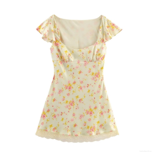 Women's Elegant Rose Floral Print Satin Mini Dress Sleeveless Fly Sleeve Lace Trim U-Neck Slim Fit Bodycon Sexy Summer Party Dress