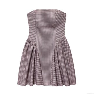 Sexy Women Pink Black Plaid Strapless Mini Dress Elegant Backless Bubble Hem A-Line Dress For Summer Vacation Party Clubwear Outfits