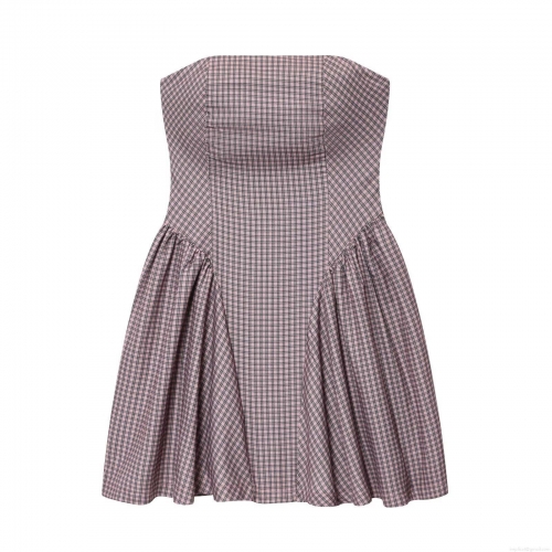 Sexy Women Pink Black Plaid Strapless Mini Dress Elegant Backless Bubble Hem A-Line Dress For Summer Vacation Party Clubwear Outfits