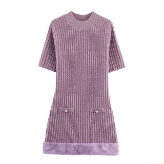 Women Elegant Slim Fit Ribbed Knit Mini Dress With Faux Fur Hem Decorative Metal Buttons Short Sleeve Round Neck Patchwork Dress For Party