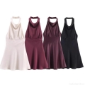 Women Halter Satin Mini Dress Backless Sleeveless Silk-like A-Line Party Cocktail Dress Sexy Elegant Summer Night Out Gown Wedding Guest
