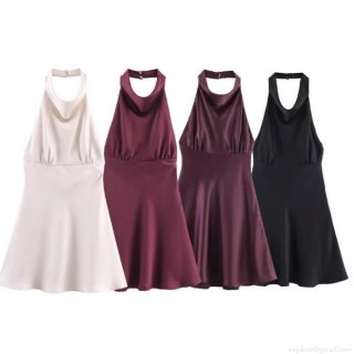 Women Halter Satin Mini Dress Backless Sleeveless Silk-like A-Line Party Cocktail Dress Sexy Elegant Summer Night Out Gown Wedding Guest