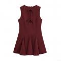 Sleeveless Mini Dress 100% Polyester Round Neck Bow Decoration Pleated Hem Elegant Party A-Line Dress For Women Wine Red Slim Fit Summer Occasion