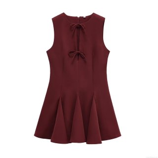 Sleeveless Mini Dress 100% Polyester Round Neck Bow Decoration Pleated Hem Elegant Party A-Line Dress For Women Wine Red Slim Fit Summer Occasion