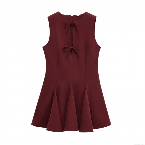 Sleeveless Mini Dress 100% Polyester Round Neck Bow Decoration Pleated Hem Elegant Party A-Line Dress For Women Wine Red Slim Fit Summer Occasion