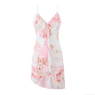 Women Floral Print Mesh Ruffle Mini Dress Sexy V-Neck Asymmetrical Hem Tie Strap Bodycon Cami Dress For Party Club Vacation