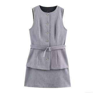 Women's Grey Sleeveless Two-Piece Effect Mini Dress Office Style Woven Polyester Vest Dress With Belt And Metal Buttons Elegant Lady Outfit
