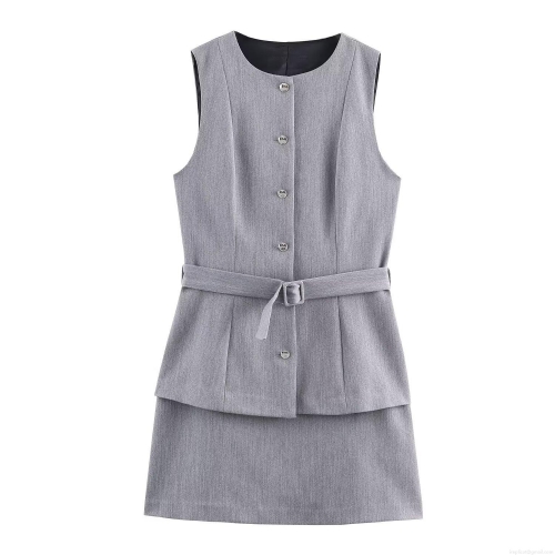 Women's Grey Sleeveless Two-Piece Effect Mini Dress Office Style Woven Polyester Vest Dress With Belt And Metal Buttons Elegant Lady Outfit