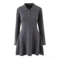 Women's Elegant Slim Fit Knit Mini Dress Long Sleeve Turn-Down Collar A-Line Solid Color Polyester Ribbed Short Dress Casual Streetwear Ladies Outfit