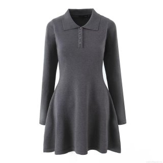 Women's Elegant Slim Fit Knit Mini Dress Long Sleeve Turn-Down Collar A-Line Solid Color Polyester Ribbed Short Dress Casual Streetwear Ladies Outfit