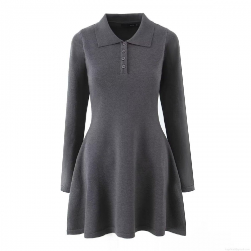 Women's Elegant Slim Fit Knit Mini Dress Long Sleeve Turn-Down Collar A-Line Solid Color Polyester Ribbed Short Dress Casual Streetwear Ladies Outfit