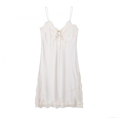 Women Sexy Lace Satin Slip Dress Deep V Neck Sleeveless Nightgown With Bow Detail Elegant Solid Color Backless Mini Dress For Party Nightwear