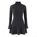 Mock Neck Ribbed Knit Mini Dress Long Flare Sleeve Elegant Slim Fit Bodycon Sweater Dress For Women Autumn Winter Solid Color Casual Party Dress