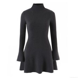 Mock Neck Ribbed Knit Mini Dress Long Flare Sleeve Elegant Slim Fit Bodycon Sweater Dress For Women Autumn Winter Solid Color Casual Party Dress