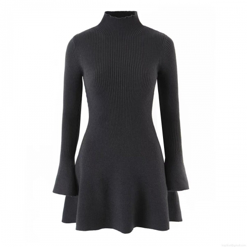 Mock Neck Ribbed Knit Mini Dress Long Flare Sleeve Elegant Slim Fit Bodycon Sweater Dress For Women Autumn Winter Solid Color Casual Party Dress