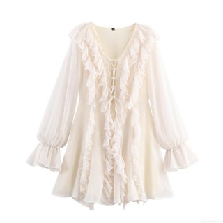Women-s Elegant French Style Ruffle V-Neck Long Sleeve Lace-Up A-Line Mini Dress Solid Color 100% Polyester Chiffon Dress For Party Vacation Dating Summer Casual Wear