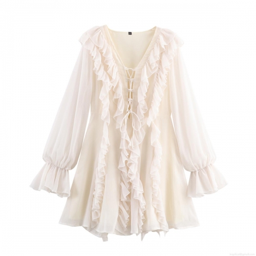 Women-s Elegant French Style Ruffle V-Neck Long Sleeve Lace-Up A-Line Mini Dress Solid Color 100% Polyester Chiffon Dress For Party Vacation Dating Summer Casual Wear