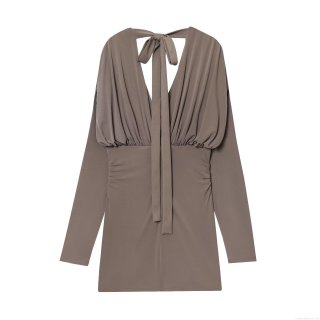 Women's Sexy Deep V-Neck Long Sleeve Bodycon Mini Dress Elegant Ruching Back Tie Solid Color Polyester Slim Fit Socialite Party Clubwear