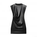 Women Sexy Black PU Faux Leather Sleeveless Mini Dress Elegant Ruched Bodycon Party Dress Round Neck Evening Short Dress For Clubwear Lady