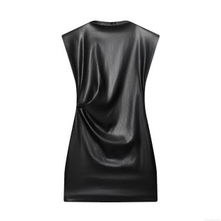 Women Sexy Black PU Faux Leather Sleeveless Mini Dress Elegant Ruched Bodycon Party Dress Round Neck Evening Short Dress For Clubwear Lady