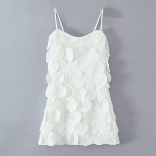 Women's French Style White Fish Scale Suspender Dress Elegant Polyester Circular Sequin Applique Sleeveless U-Neck Mini Dress Sexy Back Zipper Summer Party Wedding Cocktail Club Evening Dress